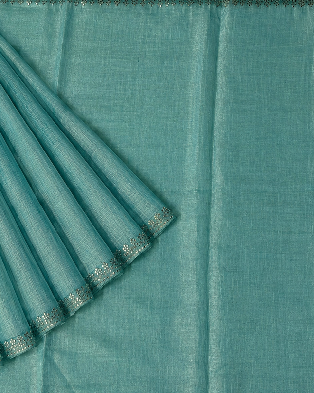 Tissue Linen Saree with Mirror Work Border- Rama Green