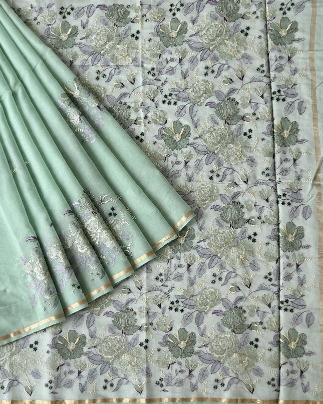Mul  chanderi saree with thread embroidery Work and Small Border - Light Green