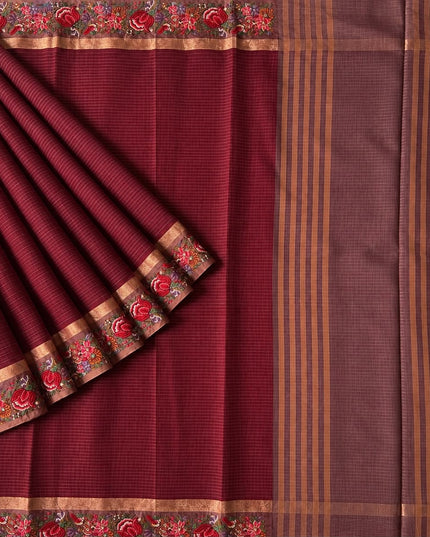 Linen Tissue Saree with Multi Stripes and Pichwai Border - Maroon
