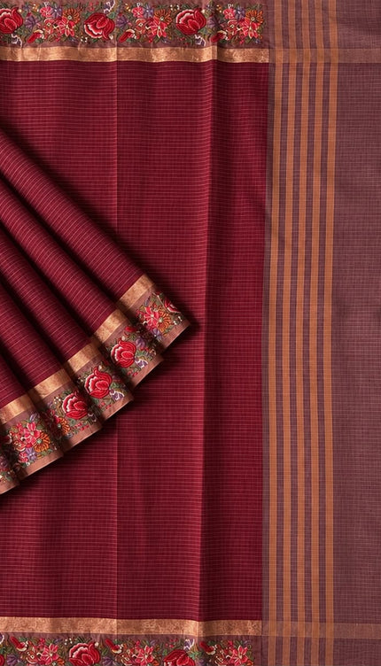Linen Tissue Saree with Multi Stripes and Pichwai Border - Maroon
