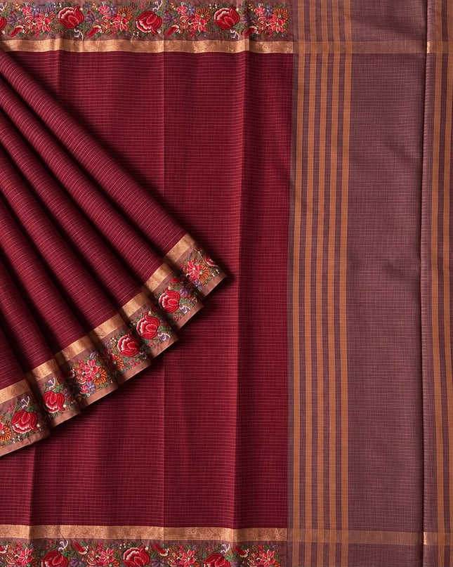 Linen Tissue Saree with Multi Stripes and Pichwai Border - Maroon