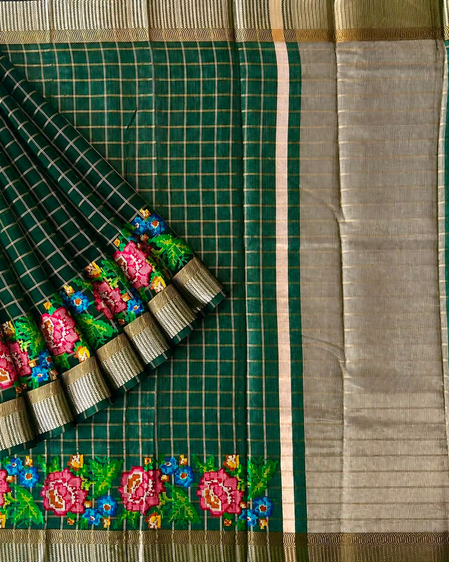 Chanderi Silk saree Cross Stich Work and Golden Border - Bottle Green