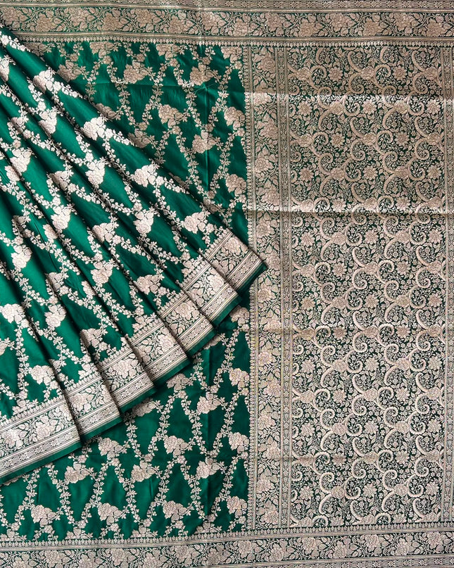 Banaras saree with All over Antic Zari Weaving Jall Design and Zari Antic Border -  Bottle Green