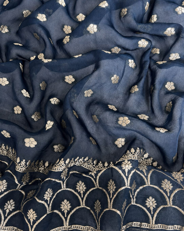 Kaddi Georgette saree with all over Floral Minakari Weaving  -  Peacockblue