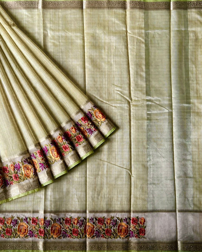 Kora Tusser saree Gap Border with Parce Work Border -  Pista Green