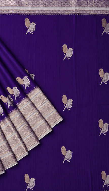 Raw silk sarees with Gold and Silver Zari Peacock design and Contrast border - Violet