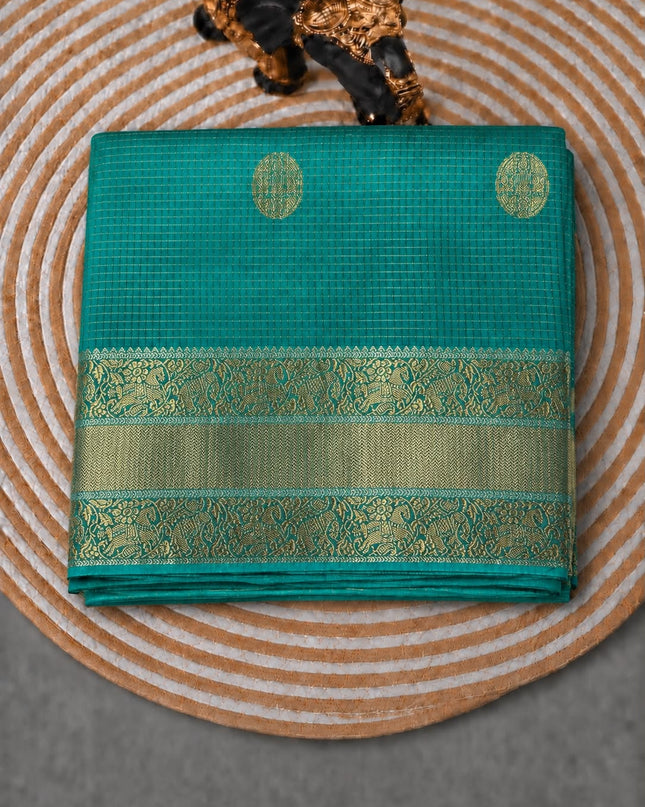 Green Silk Saree with Checks Design and Golden Butties and Gold  Border - Sky Blue