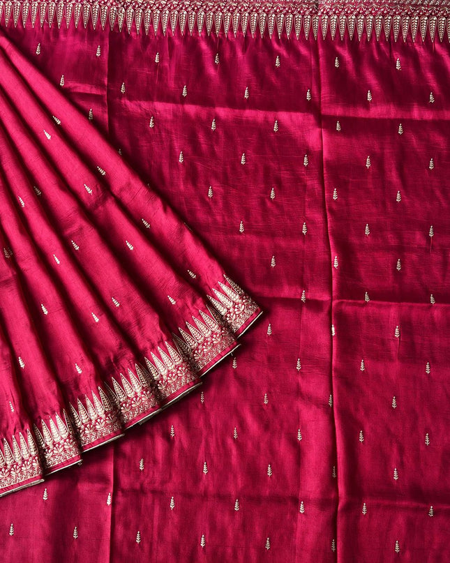 Dupion saree with  pitta  work butties and border - Pink