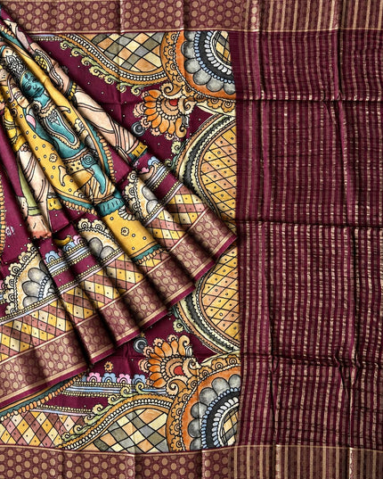 Mysore Crape Saree with Kalamkari Print Contrast  Border - Mustard & Maroon