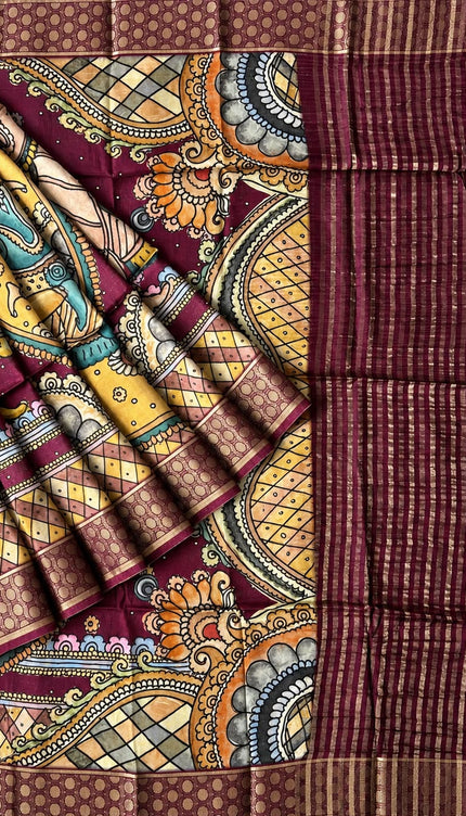 Mysore Crape Saree with Kalamkari Print Contrast  Border - Mustard & Maroon