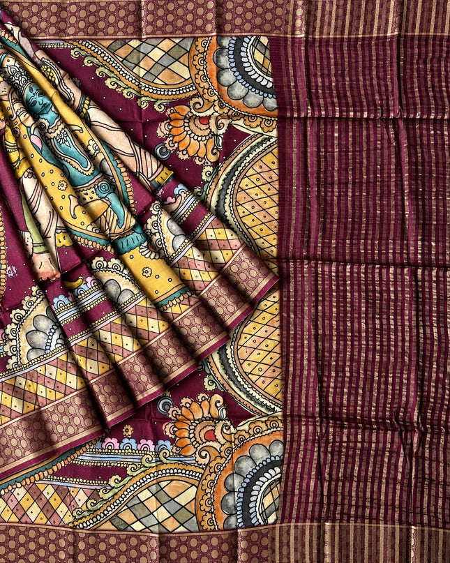 Mysore Crape Saree with Kalamkari Print Contrast  Border - Mustard & Maroon