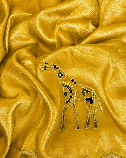 Soft  Orznga  Saree With Applique work and scallop Border-  Mustard