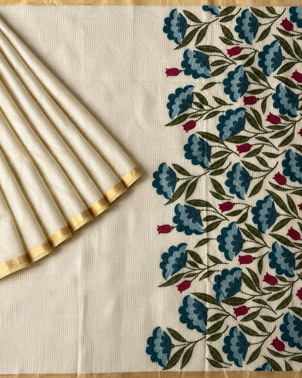 Cotton Chanderi  Jamdani Saree with Self Weaving Floral Design - Cream &  Blue