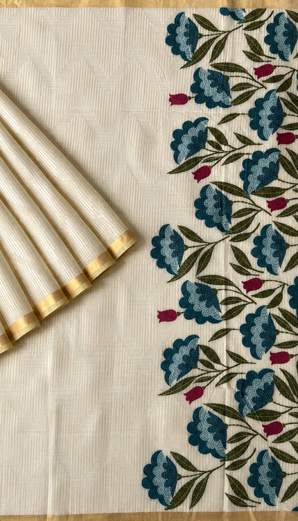 Cotton Chanderi  Jamdani Saree with Self Weaving Floral Design - Cream &  Blue