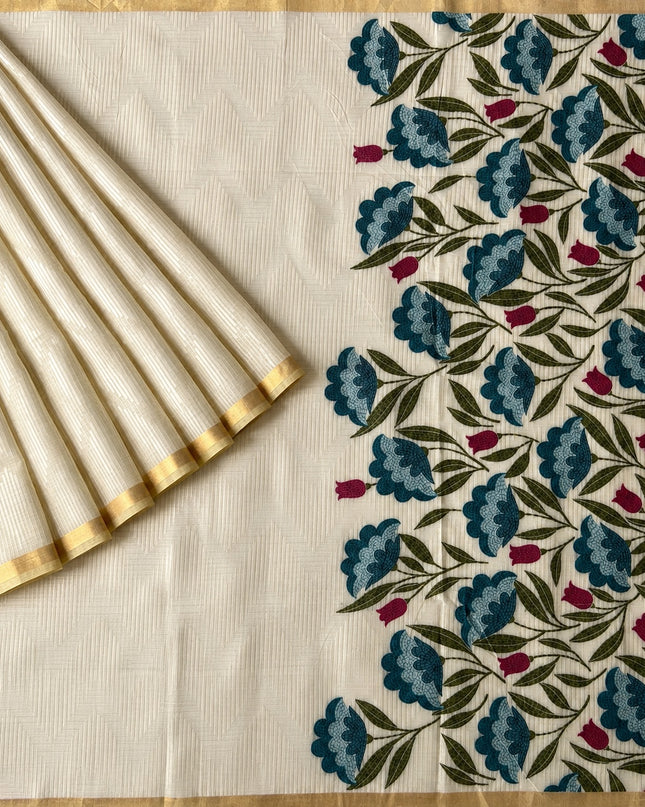 Cotton Chanderi  Jamdani Saree with Self Weaving Floral Design - Cream &  Blue