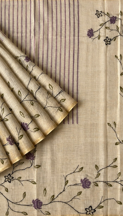 Linen Saree with Floral Print and Kardhana Work  - Beige &  purple