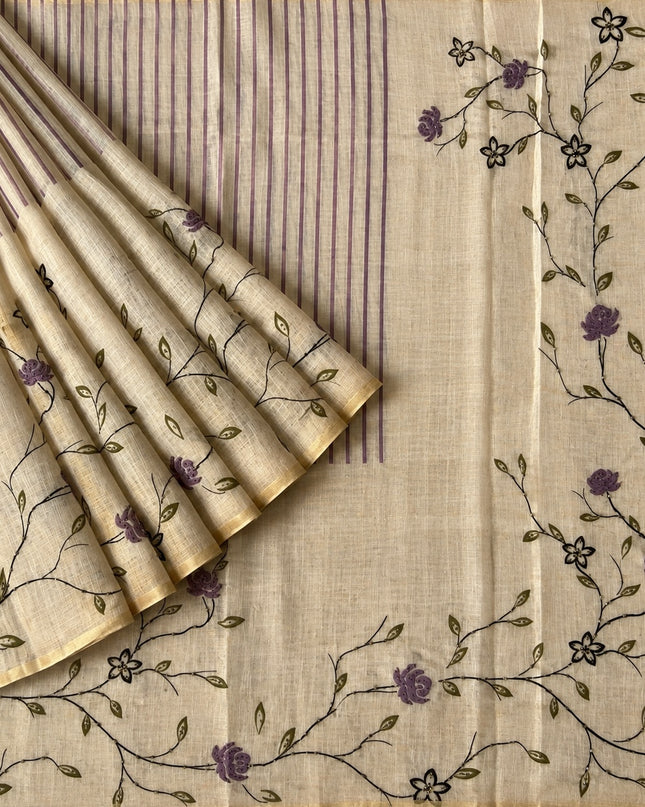 Linen Saree with Floral Print and Kardhana Work  - Beige &  purple