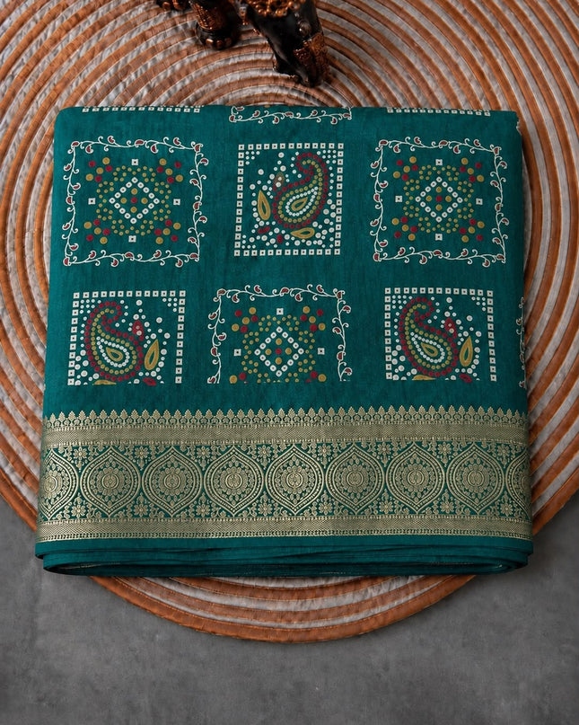 Tusser Silk Saree With Bhandni Print and Golden Border - Green
