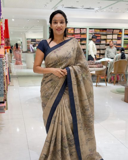 Semi Tusser silk saree With Lambani Hand Work and Contrast Border - Beige & Blue