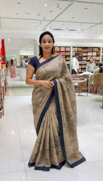 Semi Tusser silk saree With Lambani Hand Work and Contrast Border - Beige & Blue