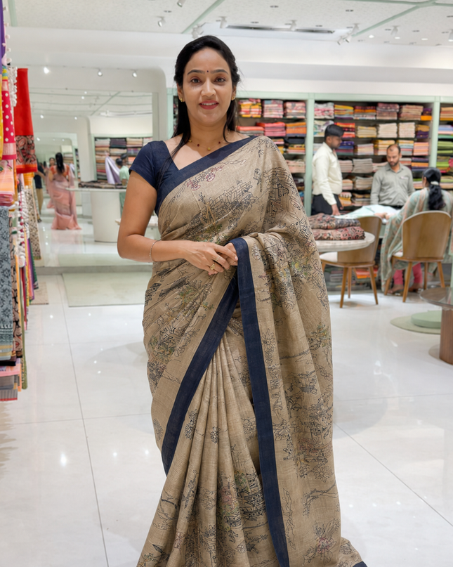 Semi Tusser silk saree With Lambani Hand Work and Contrast Border - Beige & Blue