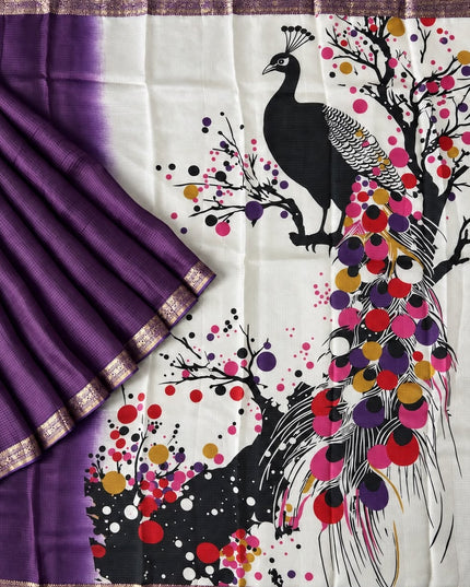 Pure Silk Kota Saree With Peacock Print and Small Kanchi Border - Violet