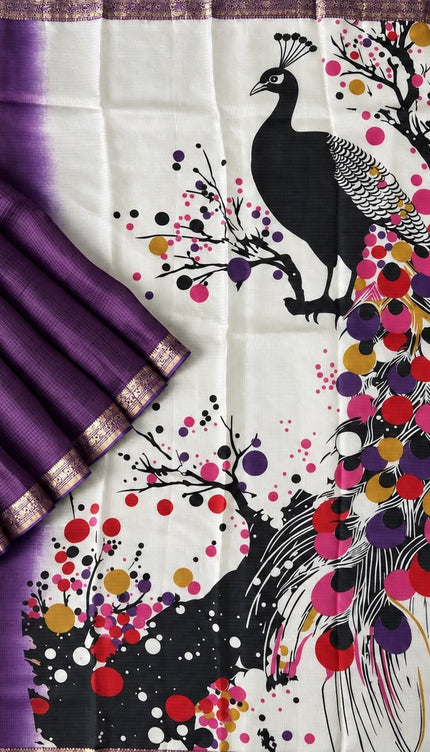 Pure Silk Kota Saree With Peacock Print and Small Kanchi Border - Violet