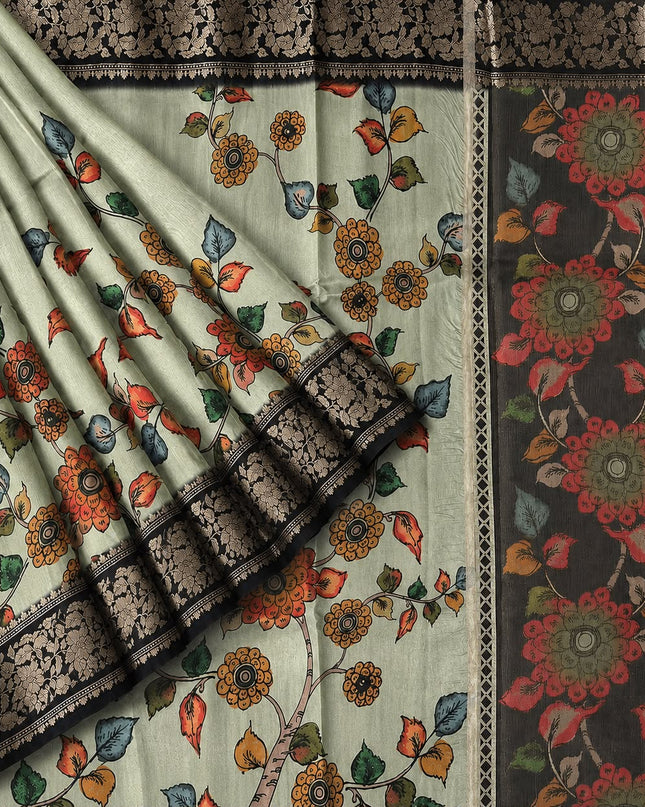 Chanderi Saree with  Floral Print Contrast Border - Green &  Black