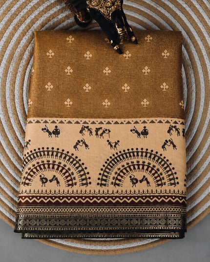 Munga Silk Saree With Floral Print and Kalmkari Border -  Brown