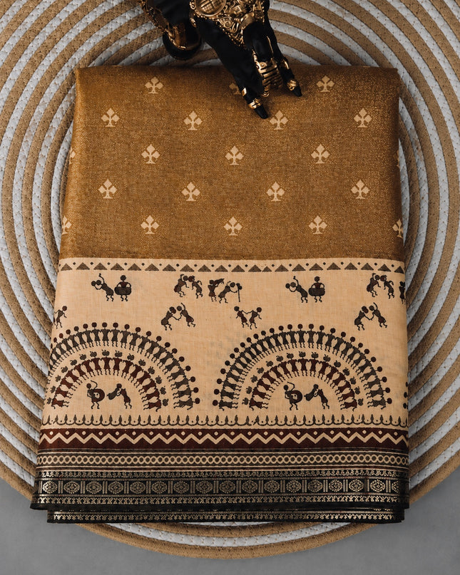 Munga Silk Saree With Floral Print and Kalmkari Border -  Brown