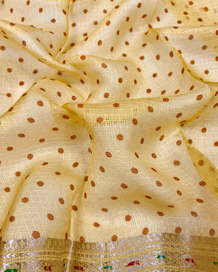 Pure Silk Kota Saree With Bhandni Print and Small Kanchi Border - Lemon Yellow