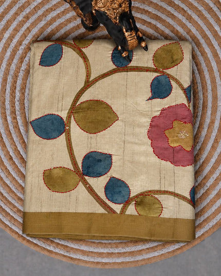 Tusser Saree with Floral and Peacock  Print with Kantha Work and contrast Border -  Mustard