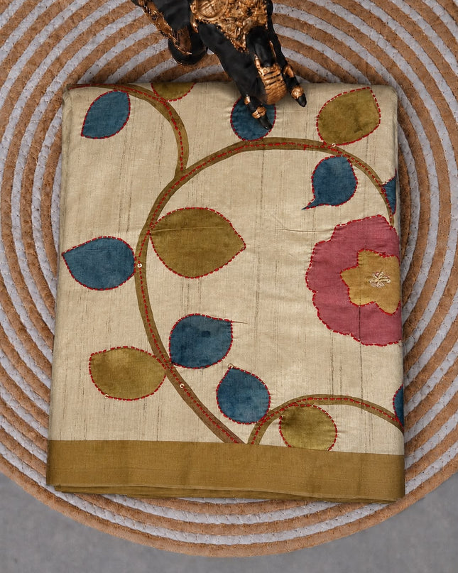 Tusser Saree with Floral and Peacock  Print with Kantha Work and contrast Border -  Mustard