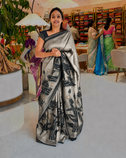 Heritage Banaras Saree With Gold and Silver Zari Weaving Lotus Design -Peacock Blue
