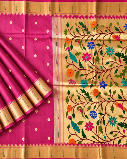 Chanderi  Saree with All over Golden Butties and muniya Border -  Rani Pink