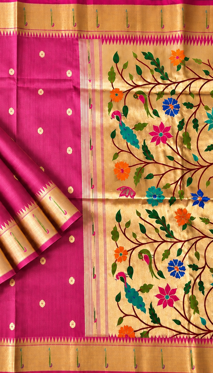 Chanderi  Saree with All over Golden Butties and muniya Border -  Rani Pink