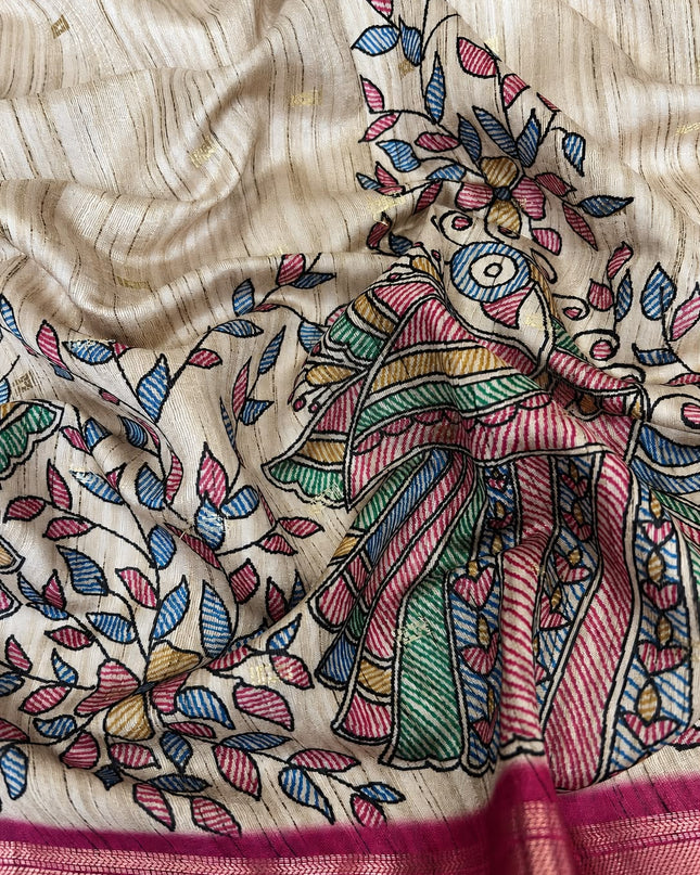 Tusser Saree With Floral Print  and small gold Buttes with and Golden Border  - Pink