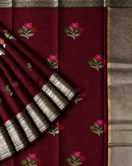 Kota Silk Saree with All over Thread Weaving Flower Butties and Golden Border - Maroon
