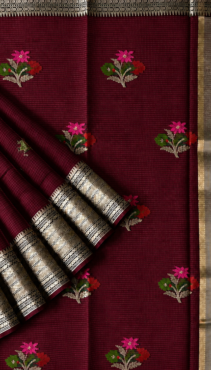 Kota Silk Saree with All over Thread Weaving Flower Butties and Golden Border - Maroon