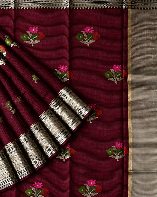 Kota Silk Saree with All over Thread Weaving Flower Butties and Golden Border - Maroon