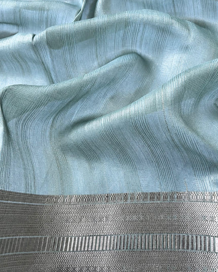 Jute Tissue Silk Saree With Floral Print and Contrast Border-  Pista Green