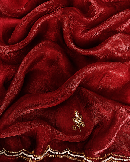 Space silk saree with Allover Karahan Butties Pearl Work and Scallop Border   - Red