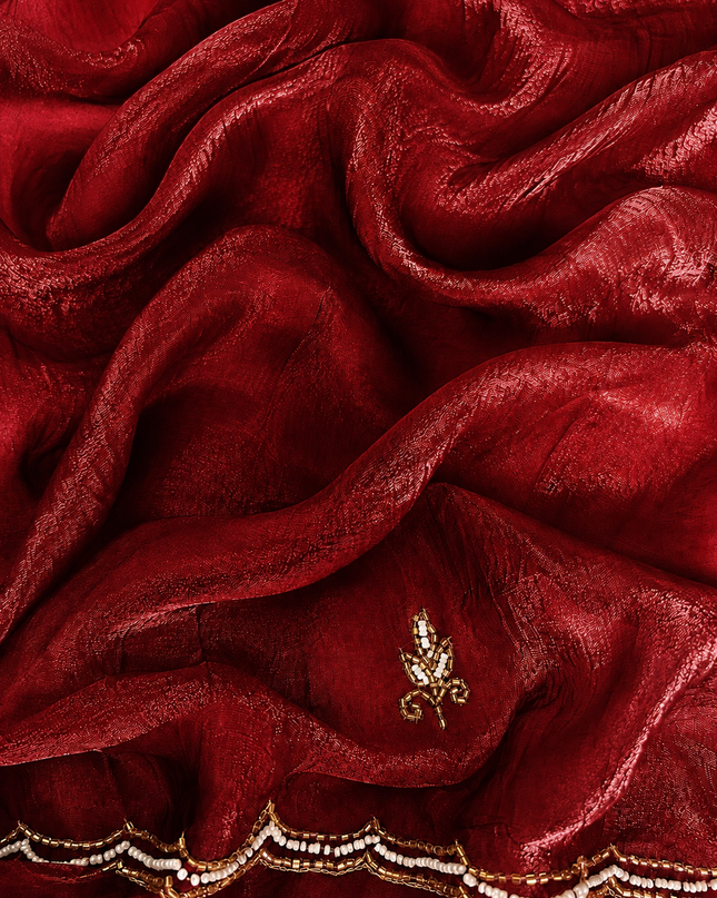 Space silk saree with Allover Karahan Butties Pearl Work and Scallop Border   - Red