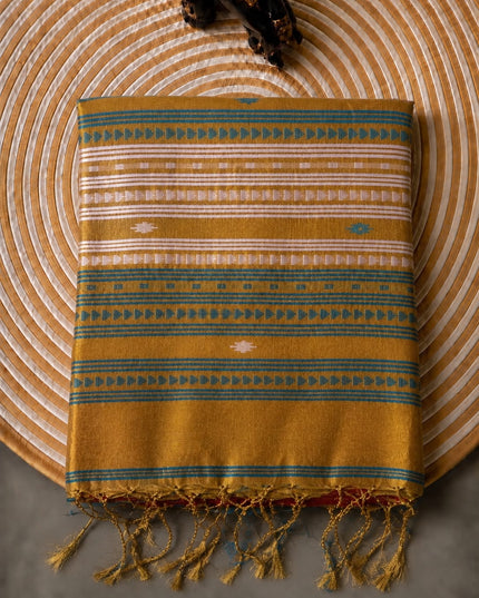 Tusser Silk Saree  With Thread Weaving Butties  With Golden Border-  Rust