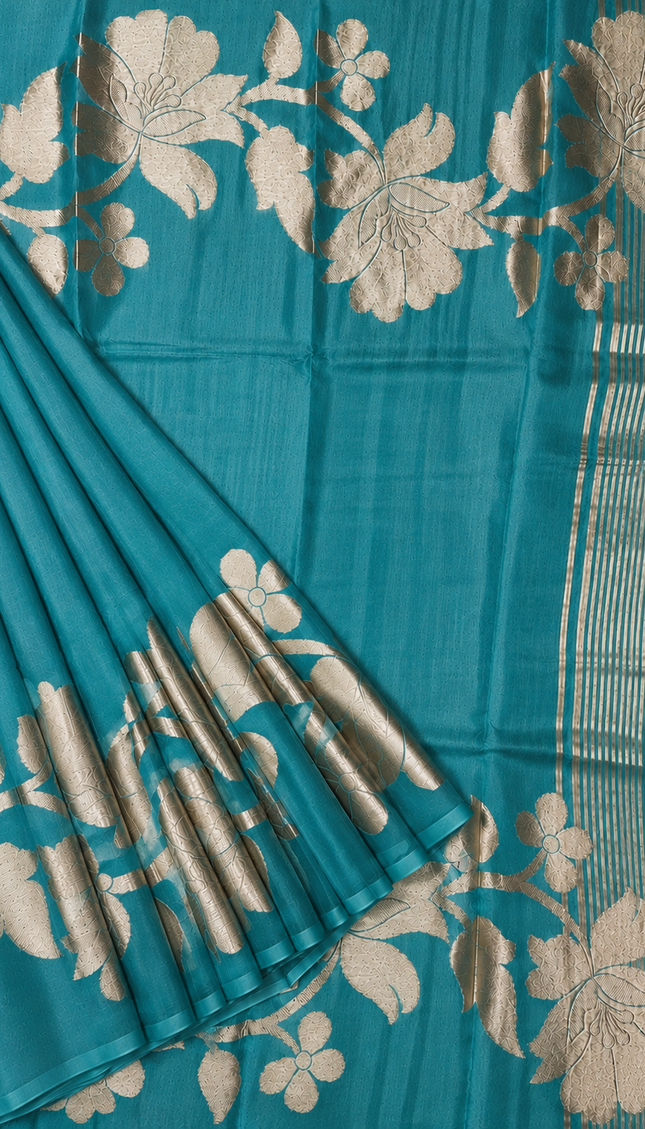 Kora Organza Saree with Jamdani Weaving and Self Border  - Rama Green