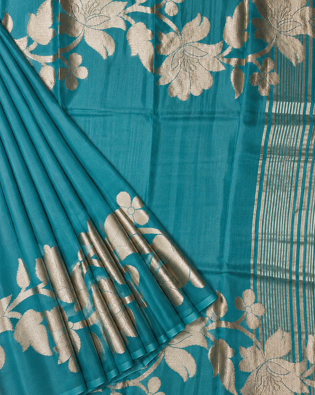 Kora Organza Saree with Jamdani Weaving and Self Border  - Rama Green
