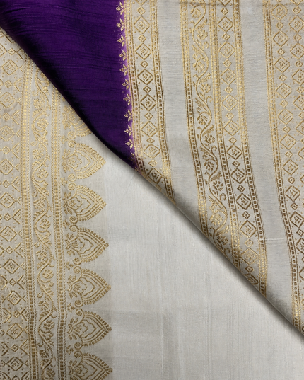Raw silk sarees with Gold and Silver Zari Peacock design and Contrast border - Violet
