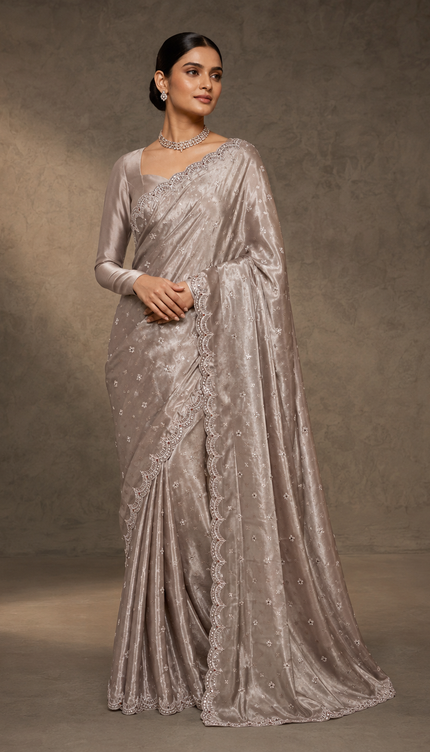 Tissue Georgetta Saree with Self Weaving Butties Zardozi Kardhana Work and Scallop Border-Pink