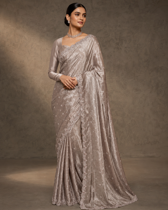 Tissue Georgetta Saree with Self Weaving Butties Zardozi Kardhana Work and Scallop Border-Pink