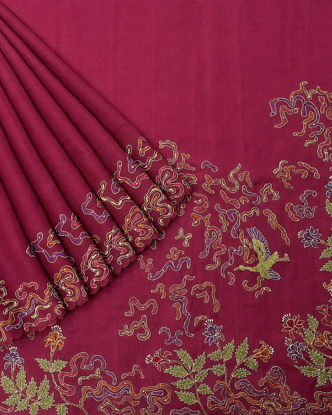 Soft Orznga Saree with Applique work And Peta Work with Scallop Border -  Maroon